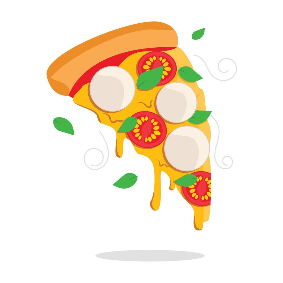 Juicy slice of margherita pizza with mozzarella, tomatoes, melted cheese, crispy crust and fresh basil leaves. Vector graphic.