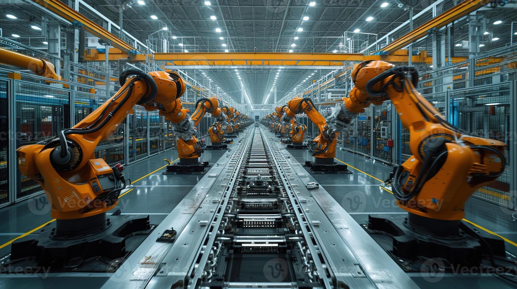AI generated Exploring Robotic Process Automation in Large-Scale Factories, Revolutionizing Efficiency with Advanced Robotics and Afternoon Light Illumination for Optimal Operation photo