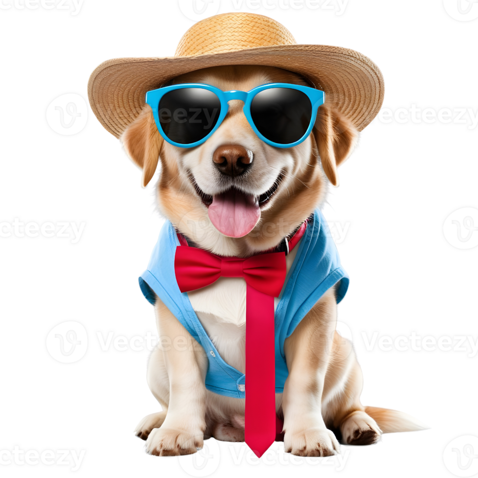 AI generated Dog wearing cool glasses and straw hat in summer clothes on transparent background png