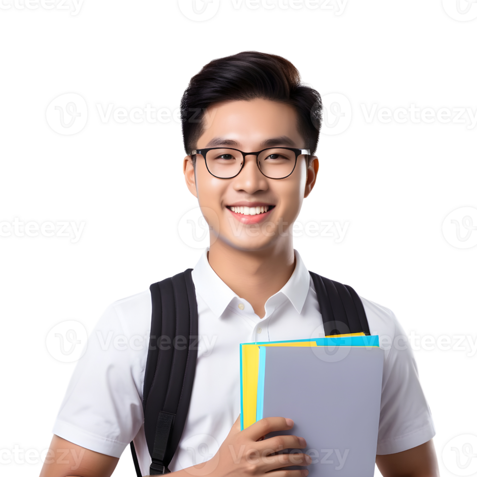 AI generated Asian male student smiling happily on PNG transparent background. Study success concept.