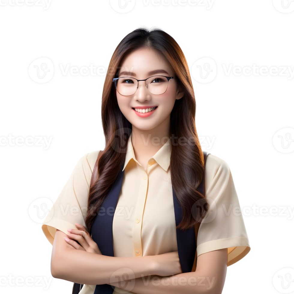 ai généré asiatique femelle étudiant souriant Heureusement sur png transparent Contexte. étude Succès concept.