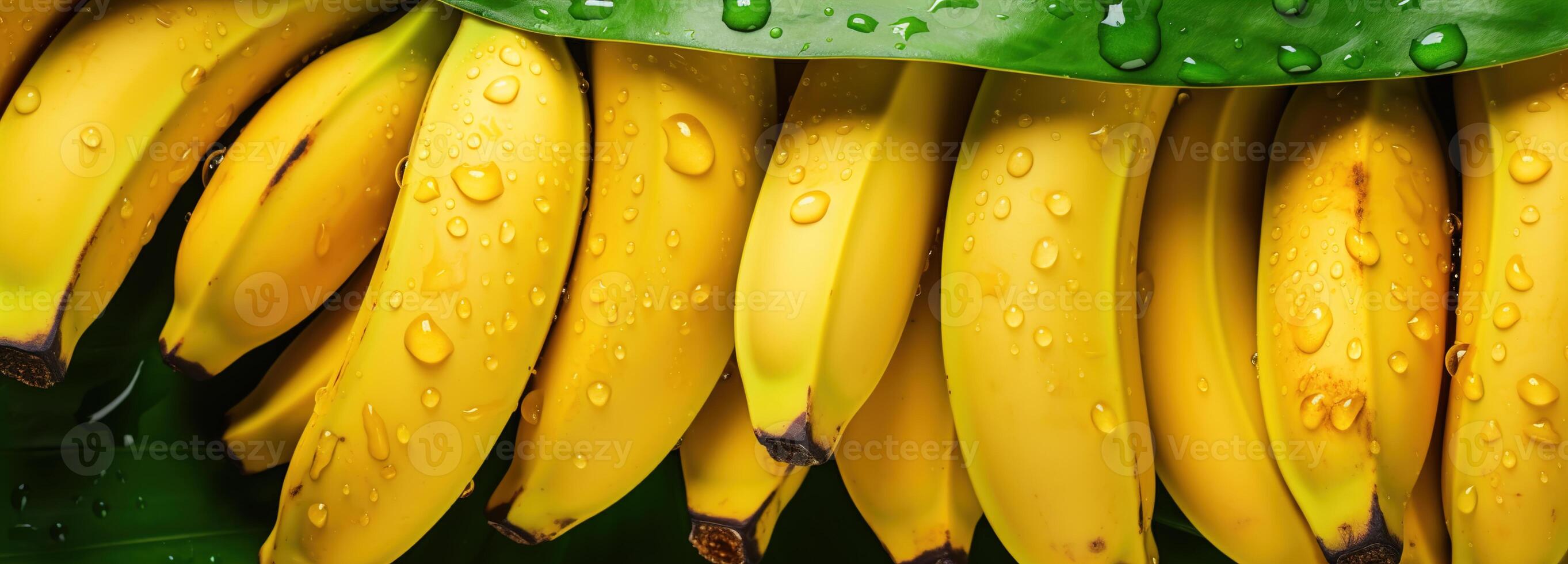 AI generated Closeup View of Fresh Yellow Bananas with Vibrant Leaves, A Tropical Delight - Ideal for Fruit Backgrounds and Natural Food Themes photo