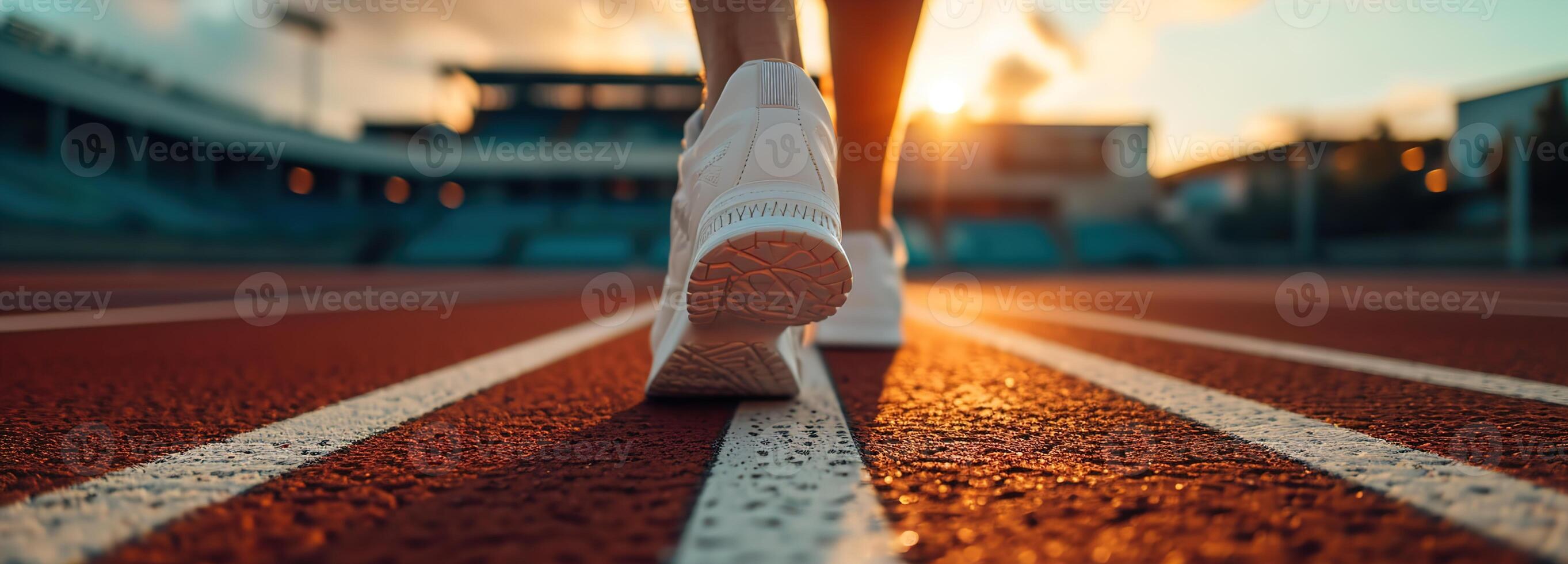 AI generated Male athlete's feet in running shoes on stadium starting line, poised for track and field event, capturing essence of sports dedication and marathon preparation, runner and health concept photo