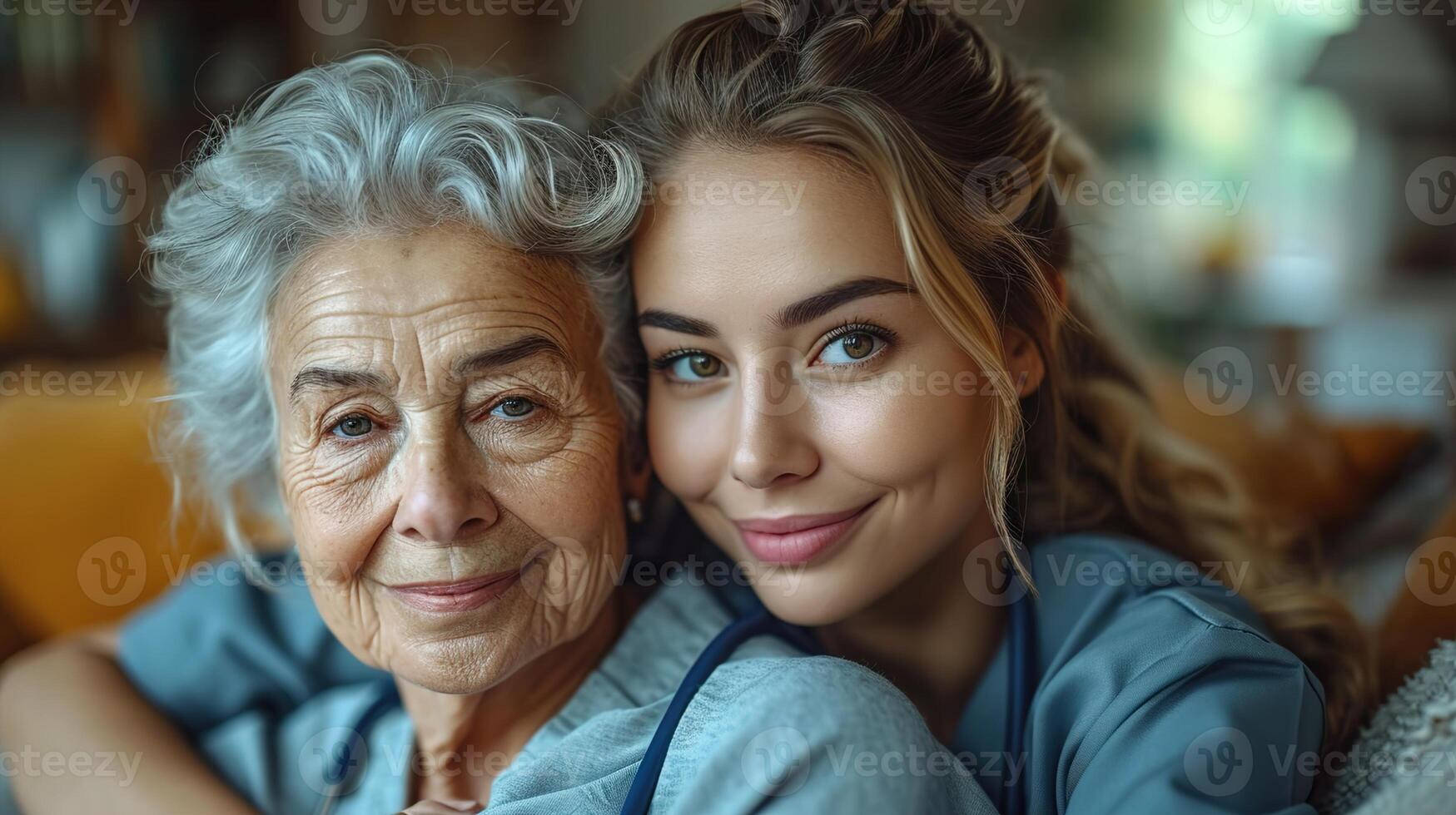 AI generated Professional care at home, A young nurse attends to a senior woman, ensuring health support and compassionate eldercare in a comfortable setting,  nursing and caregiver concept photo