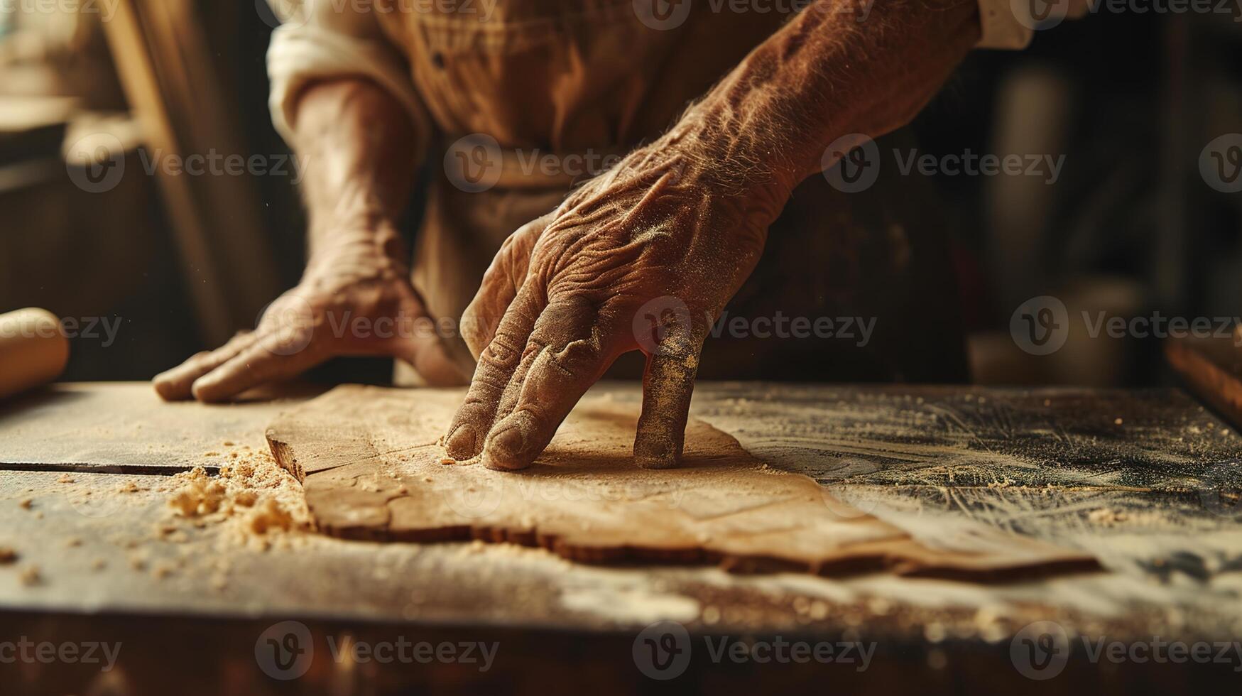 AI generated Wordworker, craftsmanship, Delicate handwork in woodcarving captured in the warm glow of afternoon light within a traditional workshop photo