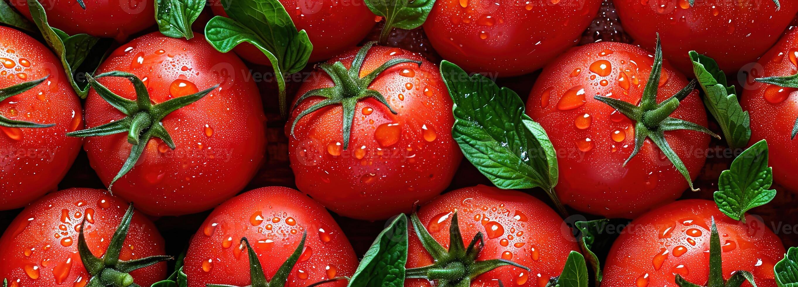 AI generated Lush Red Tomato with Fresh Green Leaves, Vibrant Top View, Perfect for Culinary Use, Freshly Picked with Glistening Water Drops, Fresh tomato background photo