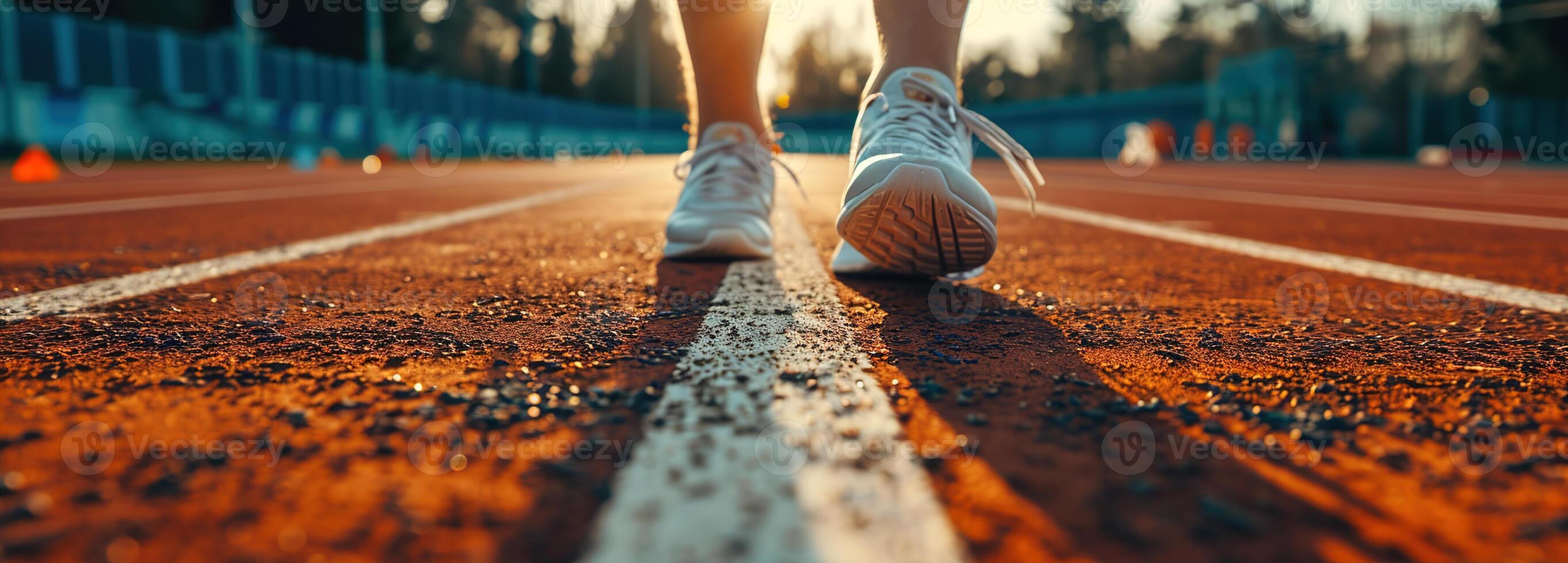 AI generated Male athlete's feet in running shoes on stadium starting line, poised for track and field event, capturing essence of sports dedication and marathon preparation, runner and health concept photo