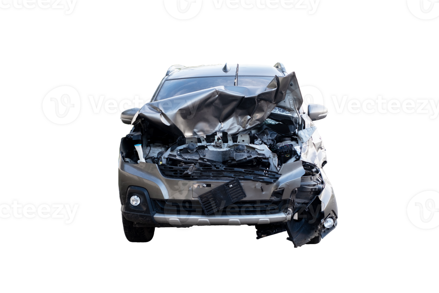 Car crash, Front view of new bronze car get damaged by accident on the road. damaged cars after collision. isolated on trasparent background, car crash bumper graphic design element, PNG File