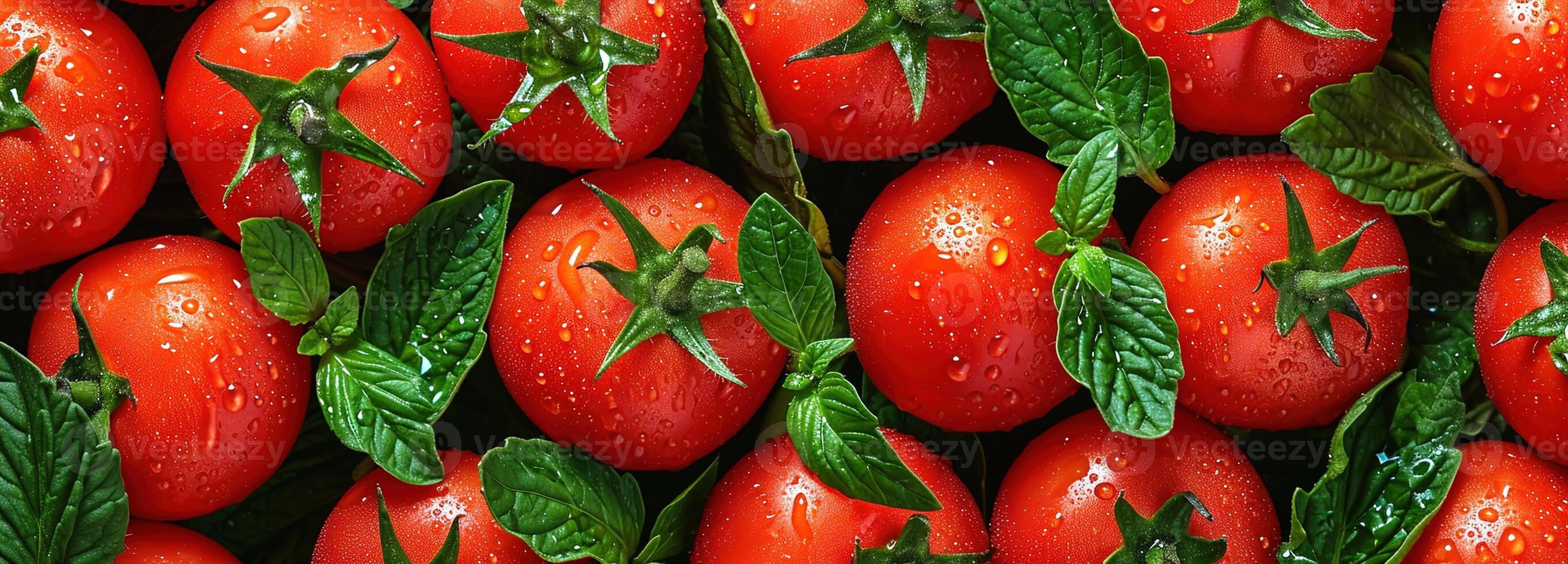 AI generated Lush Red Tomato with Fresh Green Leaves, Vibrant Top View, Perfect for Culinary Use, Freshly Picked with Glistening Water Drops, Fresh tomato background photo