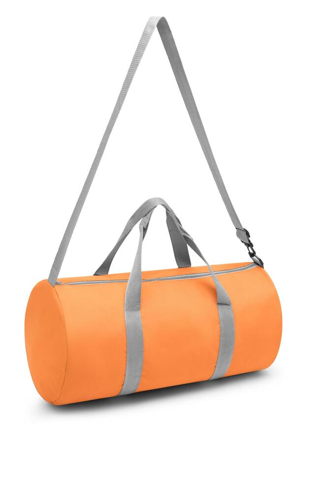 close up outdoor trendy fashion sports custom nylon crossbody shoulder strap bag medium size duffle gym travel bags for men women isolated on white background. top view. two tone in orange handbag. photo
