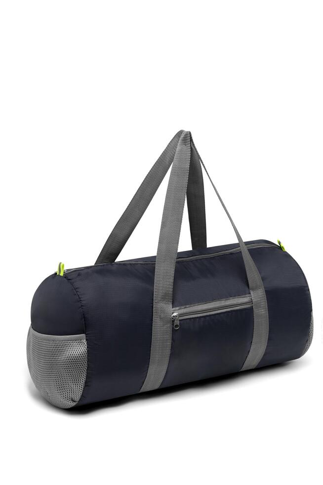close up outdoor trendy fashion sports custom nylon crossbody shoulder strap bag medium size duffle gym travel bags for men women isolated on white background. top view. two tone in blue handbag. photo