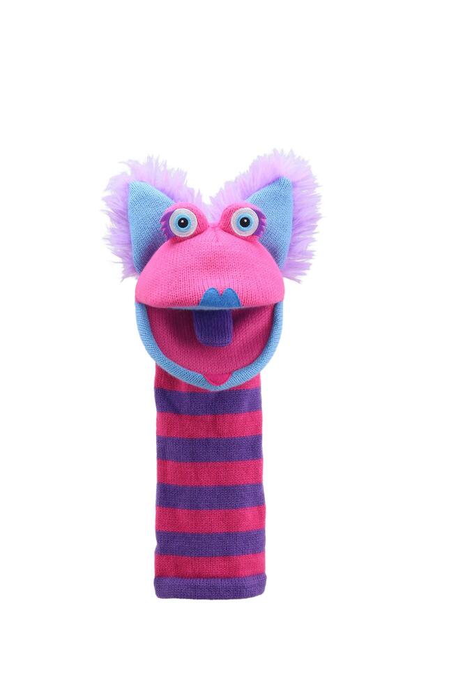 little funny sock puppet isolated on white background. hand theater soft toys collection. space for text. top view. high resolution close up. studio shot. photo
