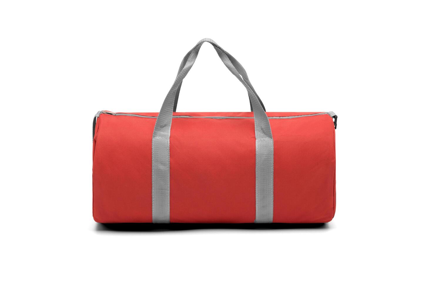 close up outdoor trendy fashion sports custom nylon crossbody shoulder strap bag medium size duffle gym travel bags for men women isolated on white background. top view. two tone in red handbag. photo