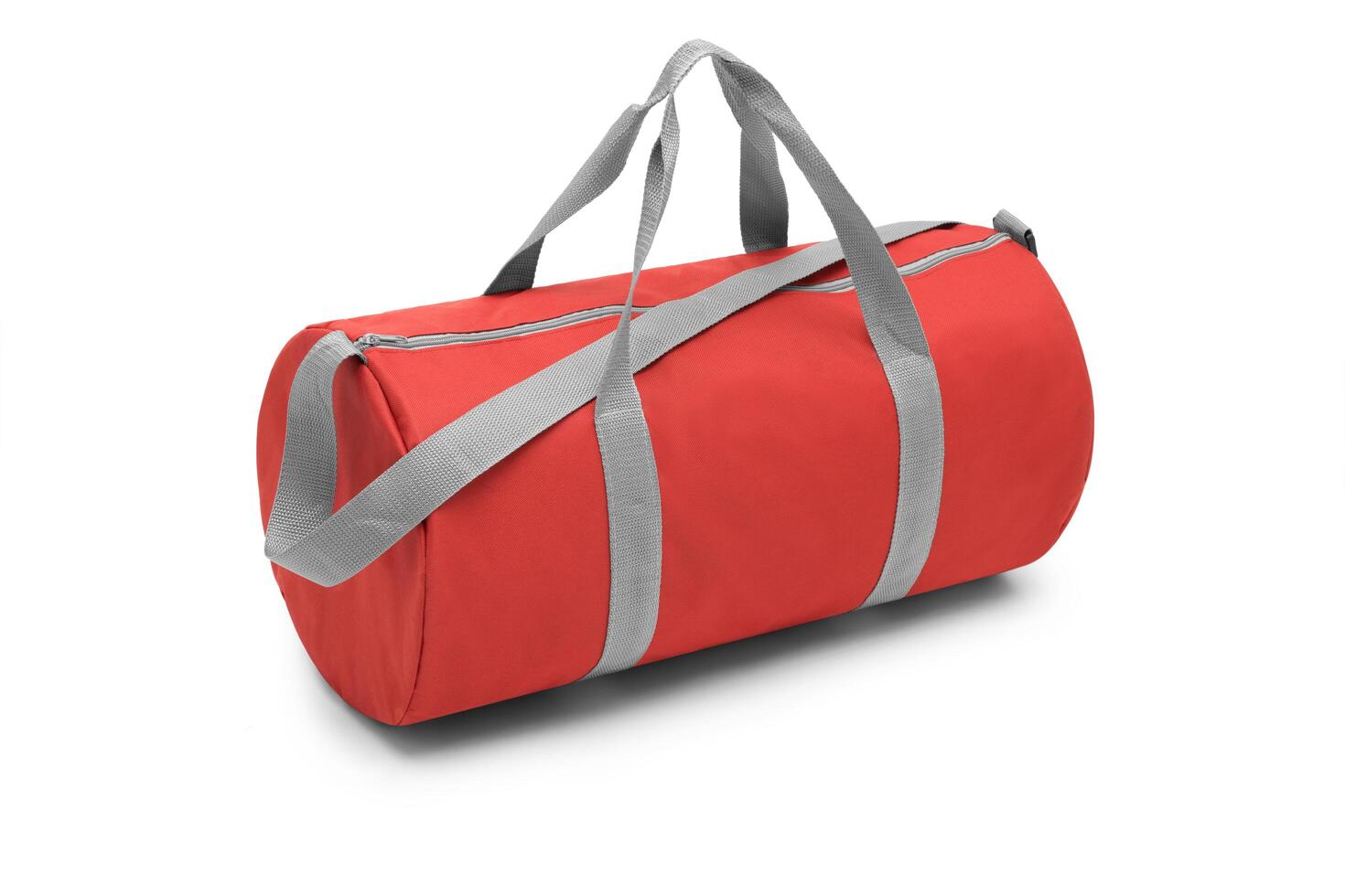 close up outdoor trendy fashion sports custom nylon crossbody shoulder strap bag medium size duffle gym travel bags for men women isolated on white background. top view. two tone in red handbag. photo