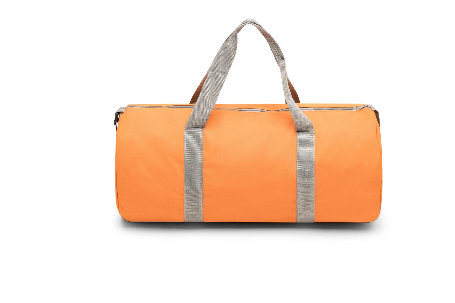 close up outdoor trendy fashion sports custom nylon crossbody shoulder strap bag medium size duffle gym travel bags for men women isolated on white background. top view. two tone in orange handbag. photo