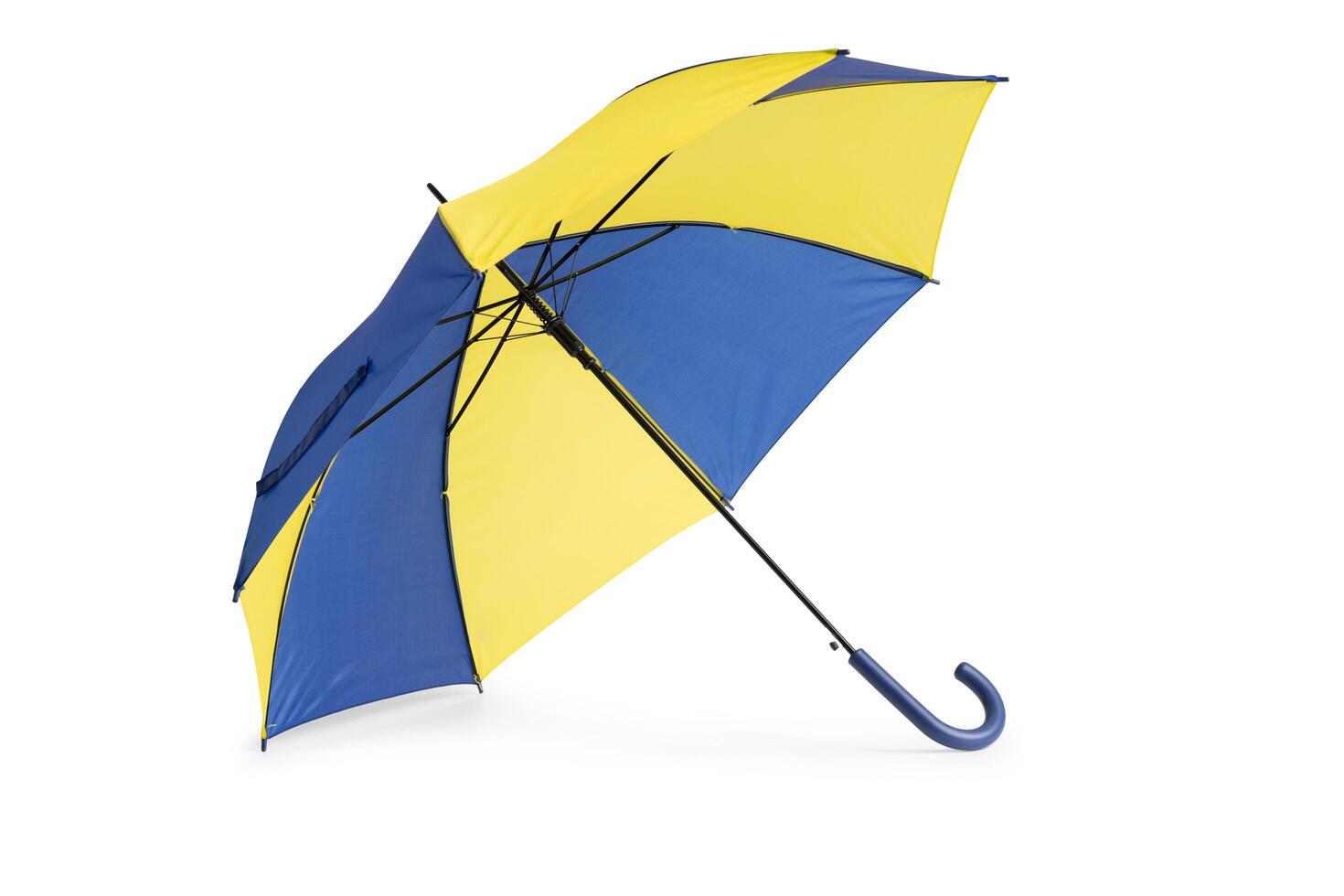 Opened umbrella isolated on white background with clipping path. Umbrella with handle for mock up. copy space, design template for mock-up, branding, advertise etc. Studio Photography shoot photo