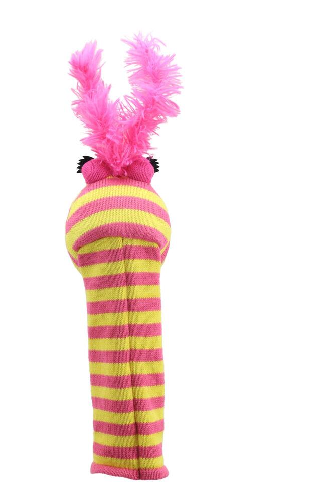 little funny sock puppet isolated on white background. hand theater soft toys collection. space for text. top view. high resolution close up. studio shot. photo