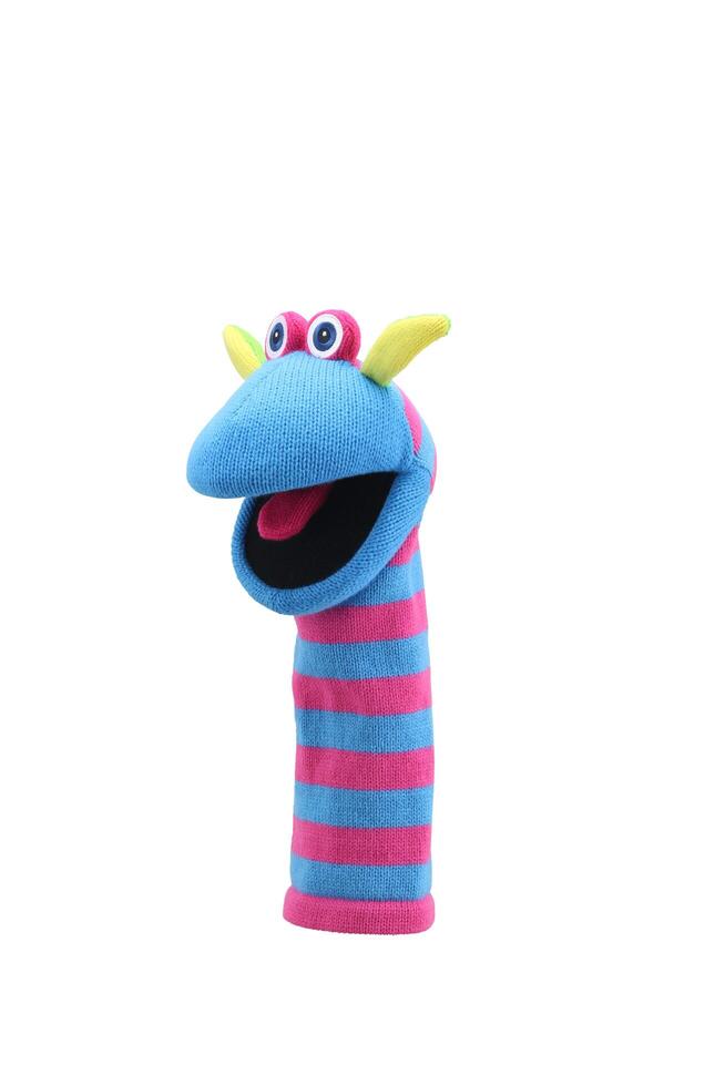 little funny sock puppet isolated on white background. hand theater soft toys collection. space for text. top view. high resolution close up. studio shot. photo
