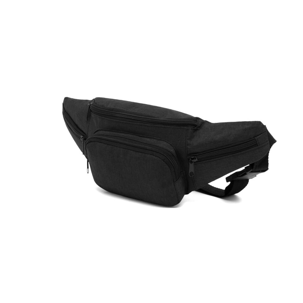 Fashion unisex business Waist Belt Black Business Office Banana Bag bumbag with zipper for men on isolated White Background in side, mock up. clipping path included. photo