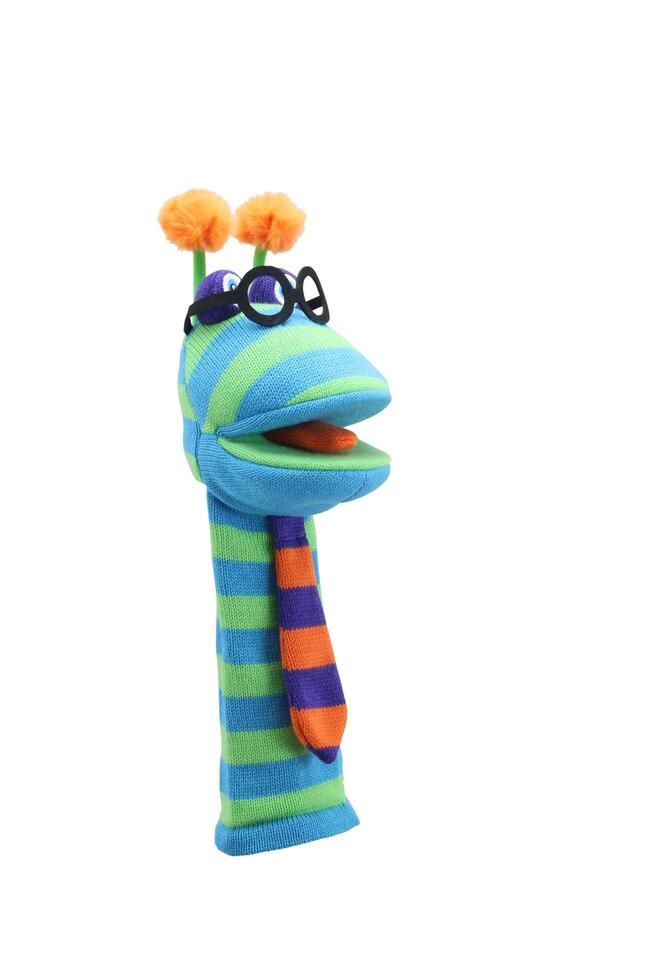 little funny sock puppet isolated on white background. hand theater soft toys collection. space for text. top view. high resolution close up. studio shot. photo