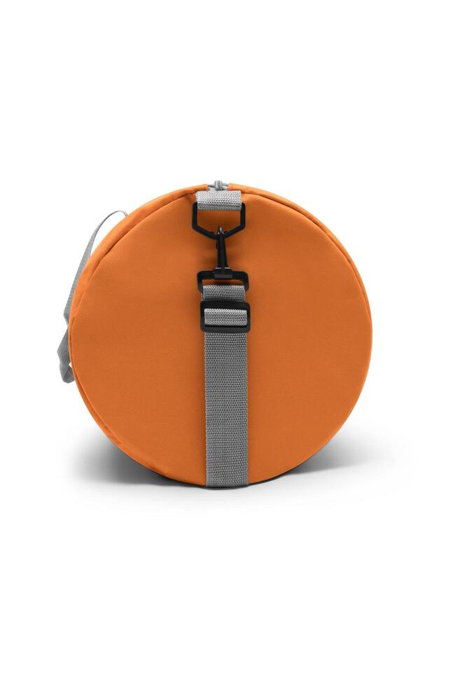 close up outdoor trendy fashion sports custom nylon crossbody shoulder strap bag medium size duffle gym travel bags for men women isolated on white background. top view. two tone in orange handbag. photo