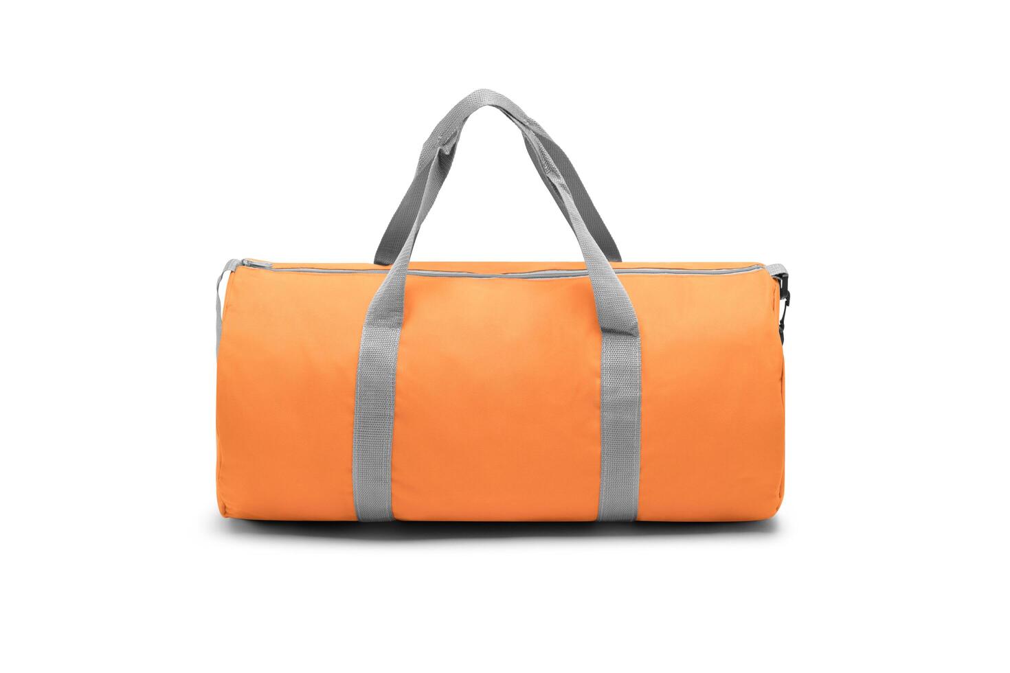 close up outdoor trendy fashion sports custom nylon crossbody shoulder strap bag medium size duffle gym travel bags for men women isolated on white background. top view. two tone in orange handbag. photo