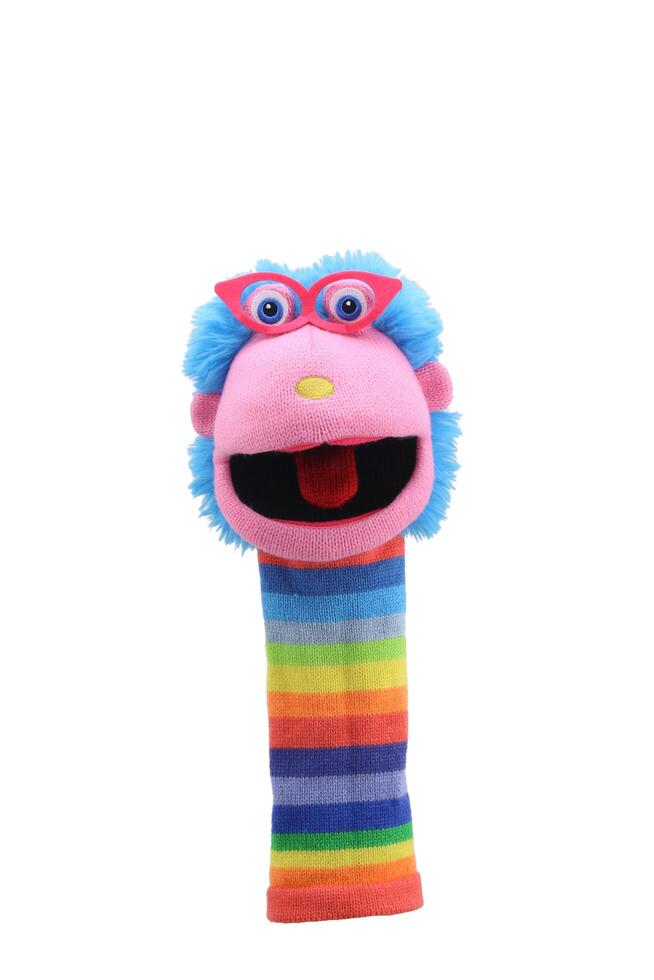 little funny sock puppet isolated on white background. hand theater soft toys collection. space for text. top view. high resolution close up. studio shot. photo