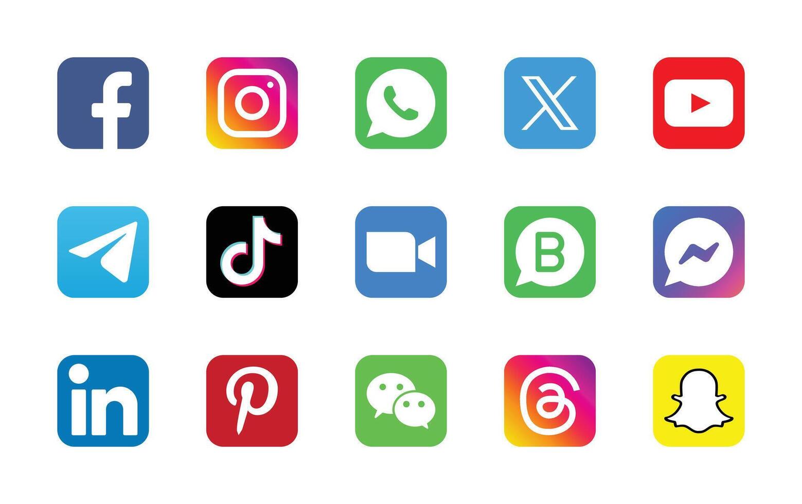 Social Media Logo Icon Set - Facebook, Messenger, WhatsApp, Instagram, Twitter, YouTube, LinkedIn, Zoom, WeChat, Threads, Pinterest, Snapchat, TikTok, Telegram Symbols vector