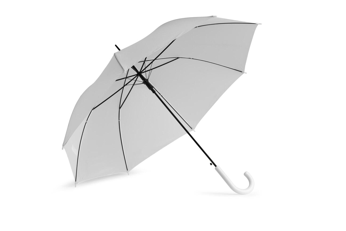 Opened umbrella isolated on white background with clipping path. Umbrella with handle for mock up. copy space, design template for mock-up, branding, advertise etc. Studio Photography shoot photo