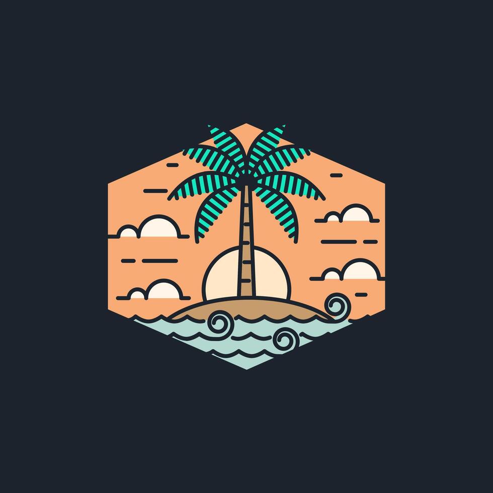 Island and wave monoline or line art style vector