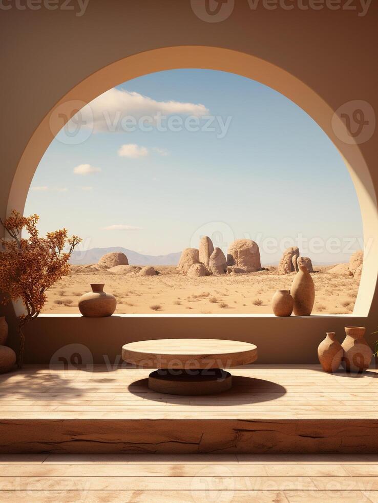 AI generated a round podium in a desert environment with rocks and plants photo