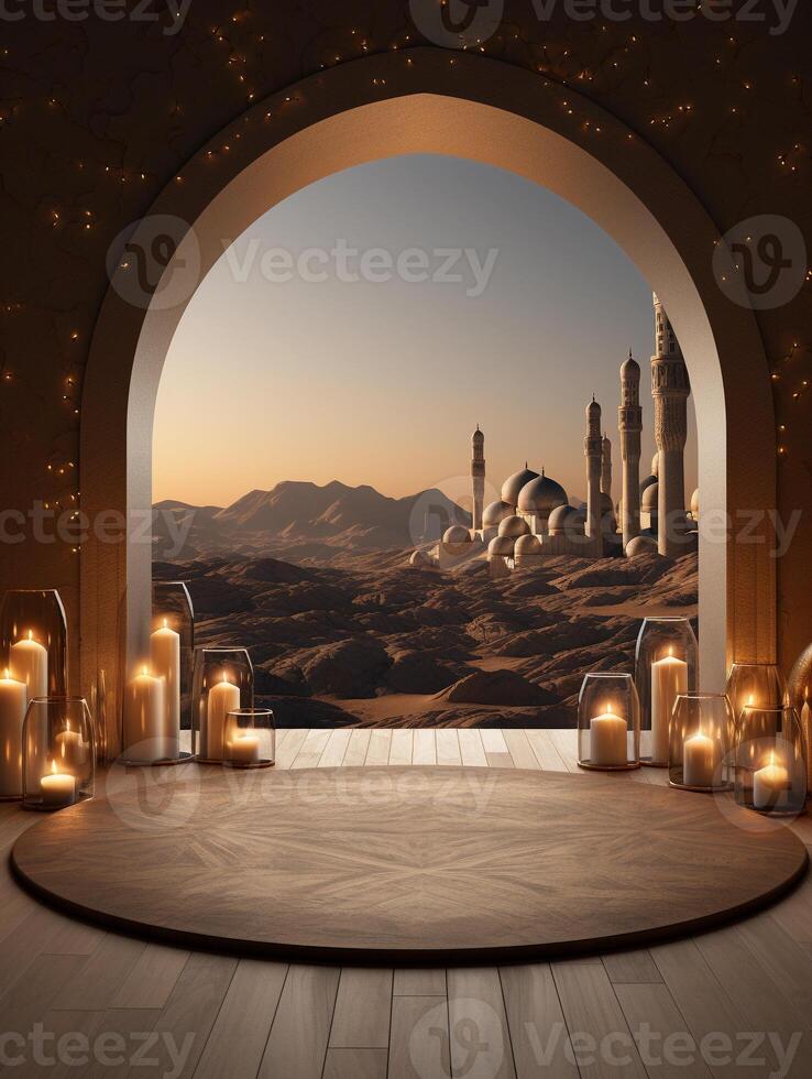 AI generated an interior with a desert landscape through the Islamic  archway with oil lamp as decoration photo