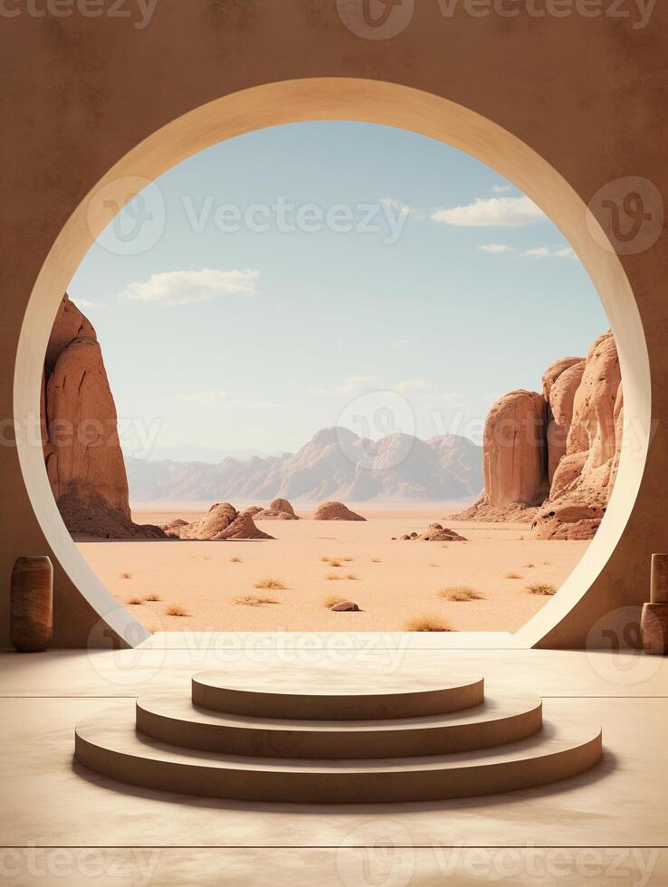AI generated a round podium stage in a interior with a round arch in the desert photo