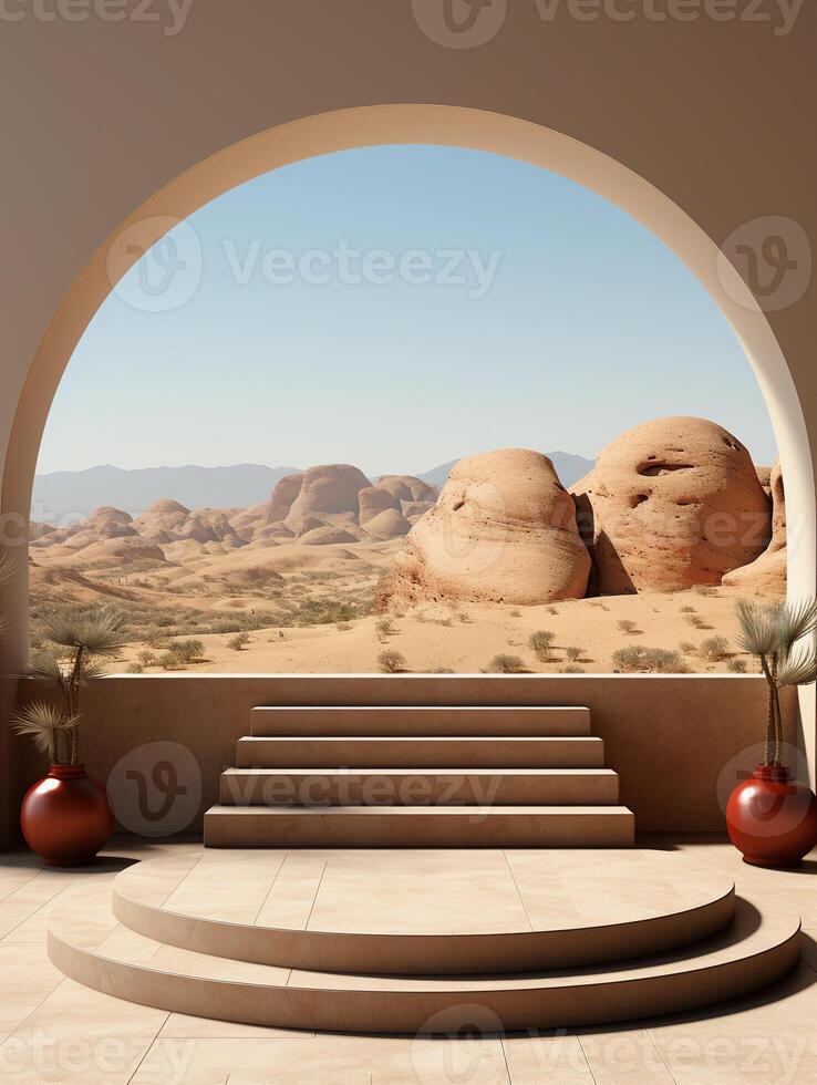 AI generated a desert landscape with a stairway leading to the entrance photo