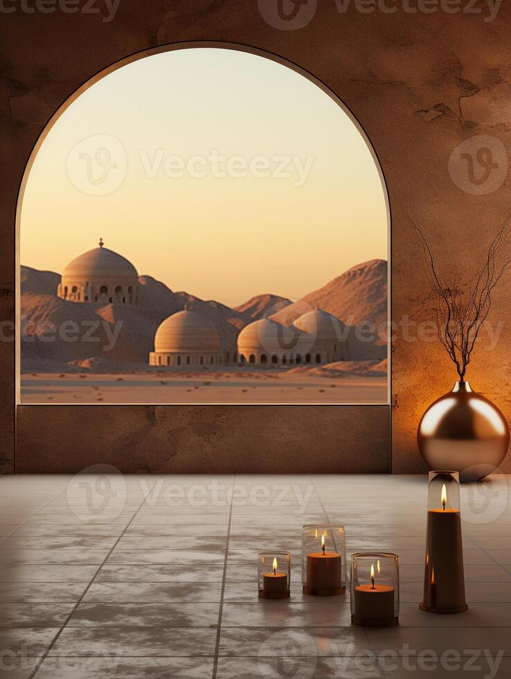 AI generated an interior with a desert and mosque landscape through the Islamic  archway with oil lamps as decoration photo