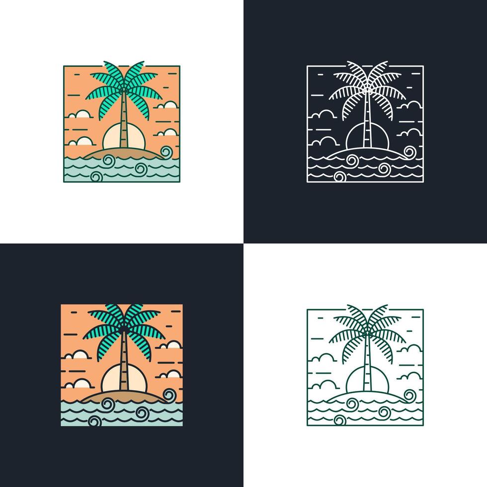 Island and wave monoline or line art style vector