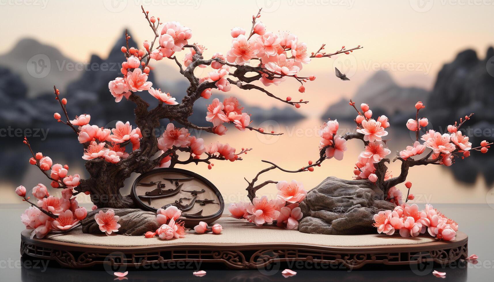 ai generado un ciruela florecer escultura como un podio a monitor el chino cultura tema producto foto