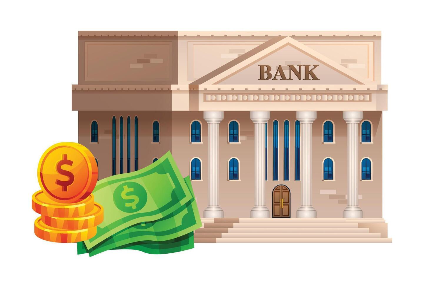 Bank building with banknotes and coins. Money savings concept. Vector bank illustration isolated on white background