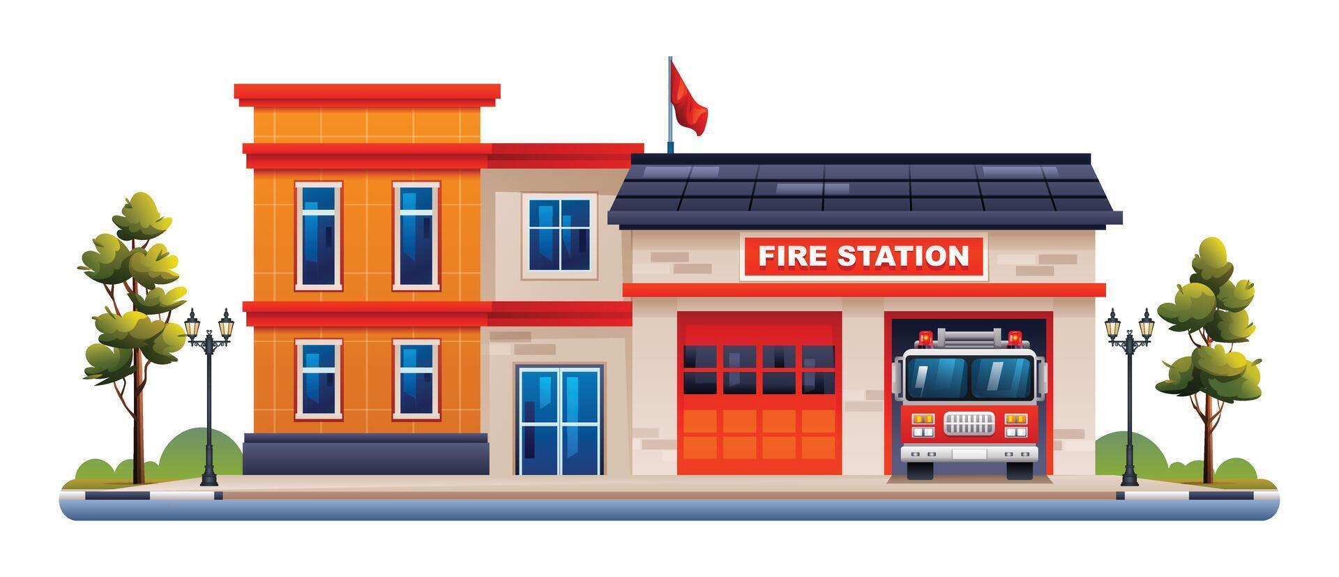 Fire station building with fire truck. Fire department office vector illustration isolated on white background