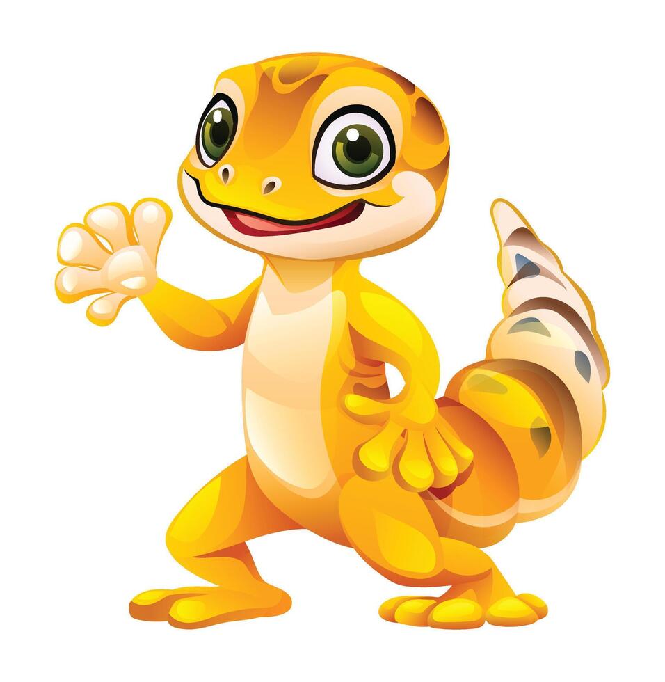 Cute leopard gecko waving hand. Vector cartoon illustration isolated on white background