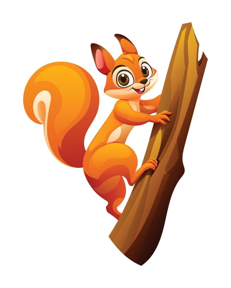 Cute squirrel climbing tree illustration. Vector cartoon isolated on white background