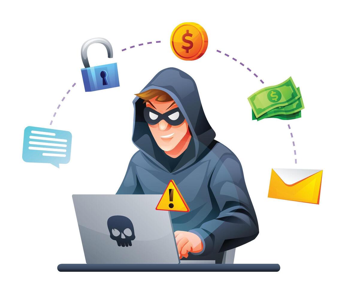 Hacker with laptop stealing information and confidential data. Cyber attack and security concept. Vector cartoon illustration