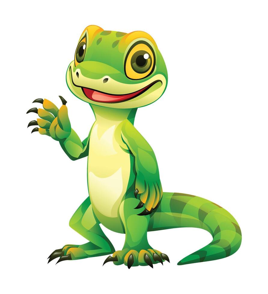 Cute green lizard waving hand cartoon illustration. Vector reptile isolated on white background