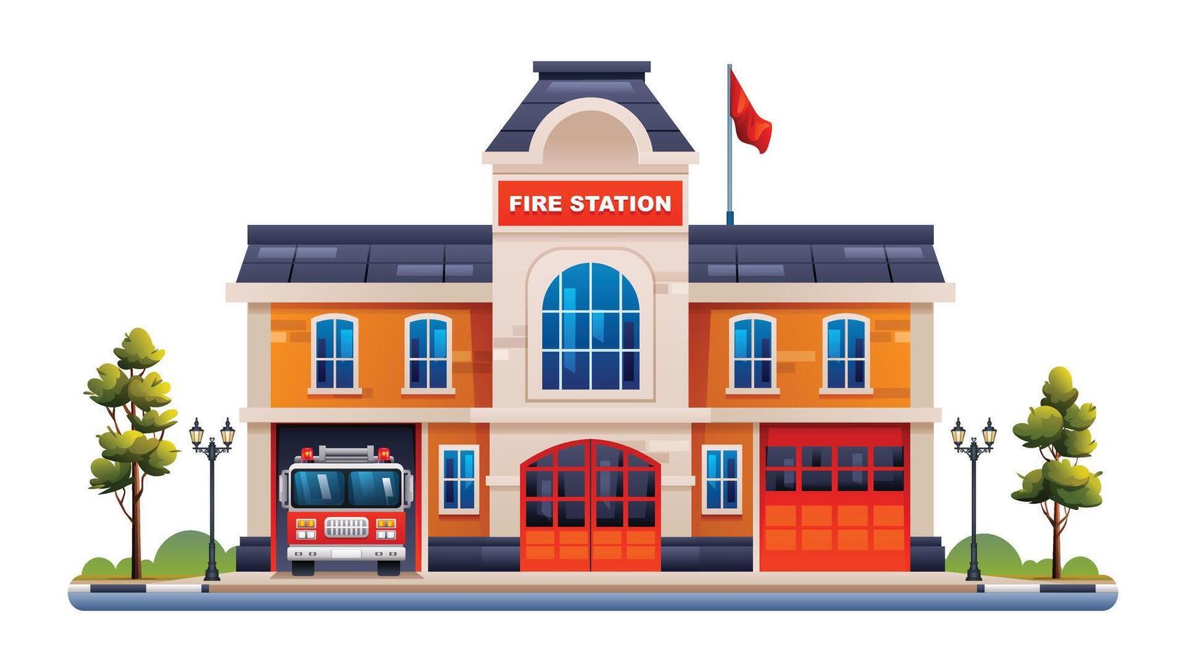 Fire station building with fire truck illustration. Fire department office vector isolated on white background