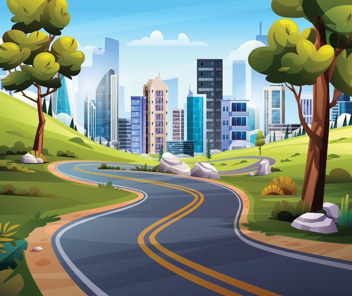 Winding road to city landscape illustration. Nature highway through meadow and trees to city cartoon vector background