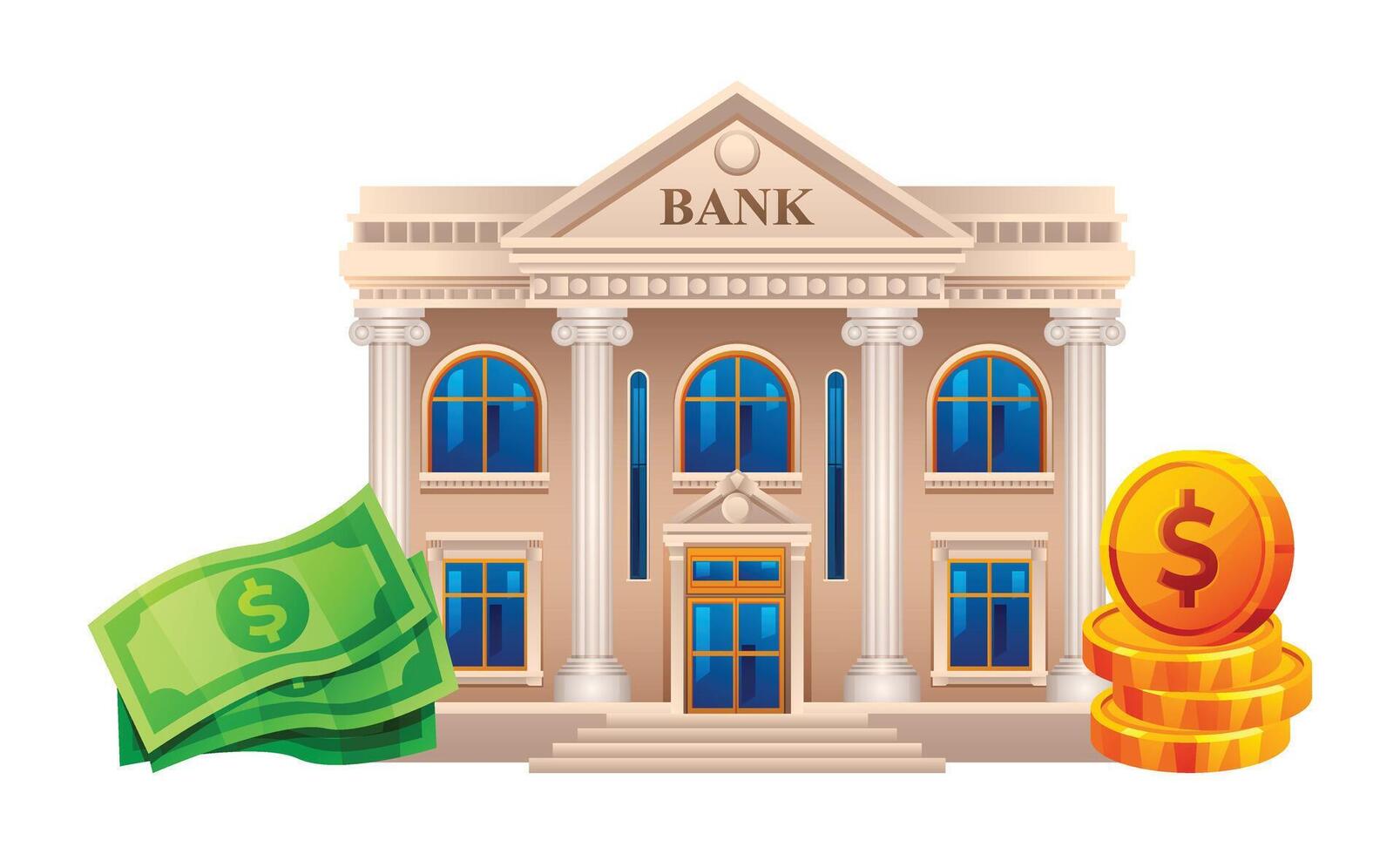 Bank building with banknotes and coins illustration. Money savings concept. Vector bank isolated on white background