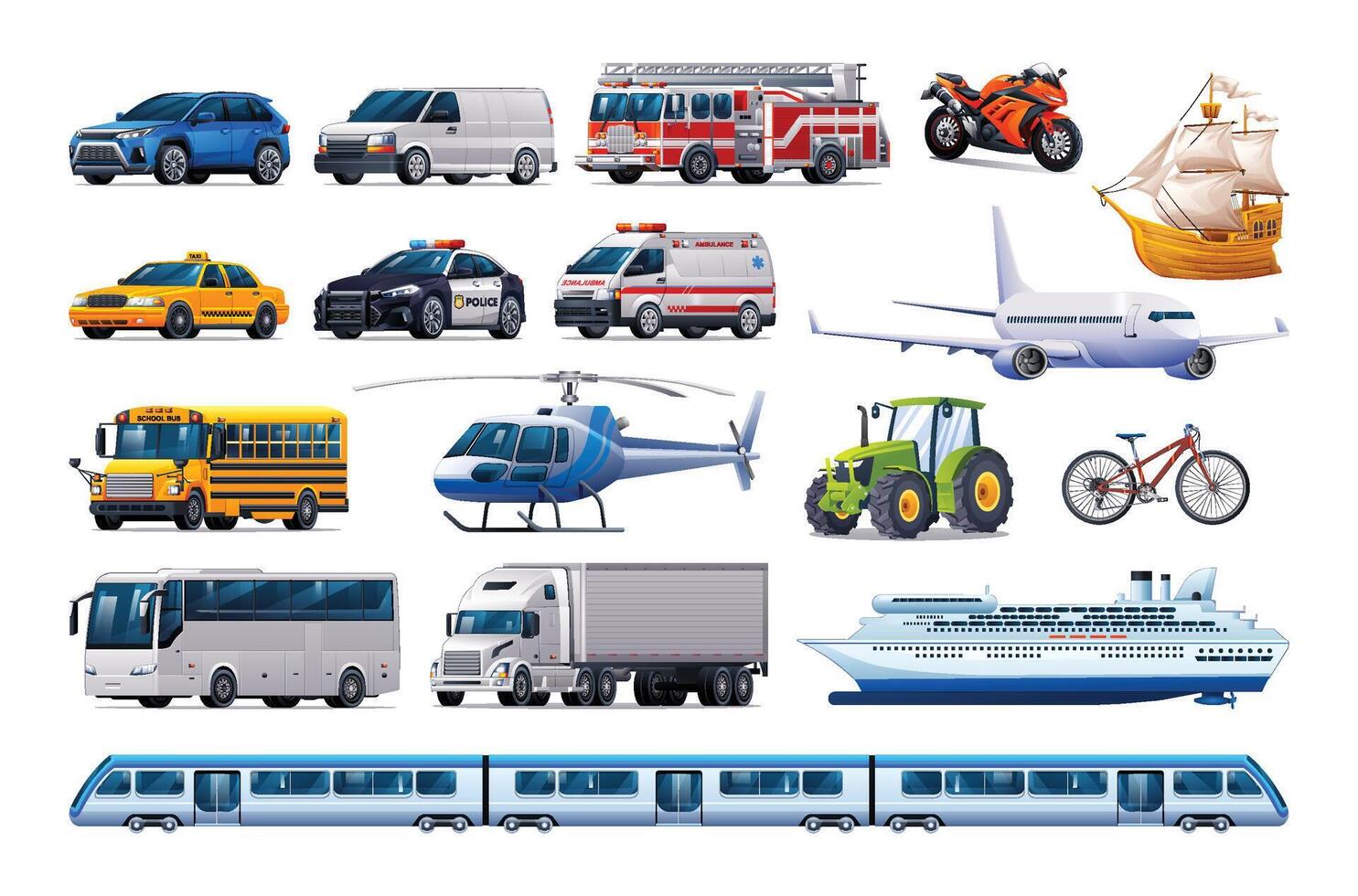 transporte vehículo colocar. varios tipos de vehículos vector dibujos animados ilustración