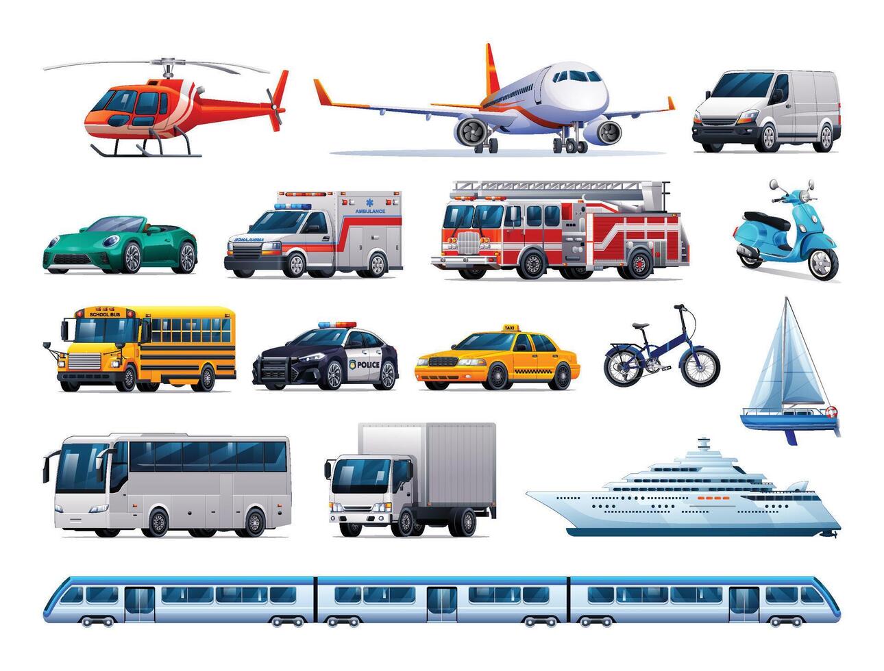 Set of vehicles. Collection of various kinds of transportation. Vector cartoon illustration