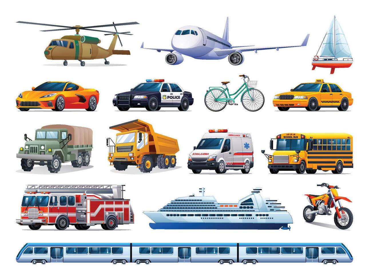 conjunto de transporte elementos. colección de varios tipos de vehículos vector dibujos animados ilustración