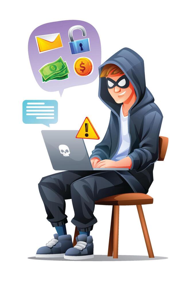 Hacker sitting with laptop for computer attack. Cyber attack and security concept. Vector cartoon illustration